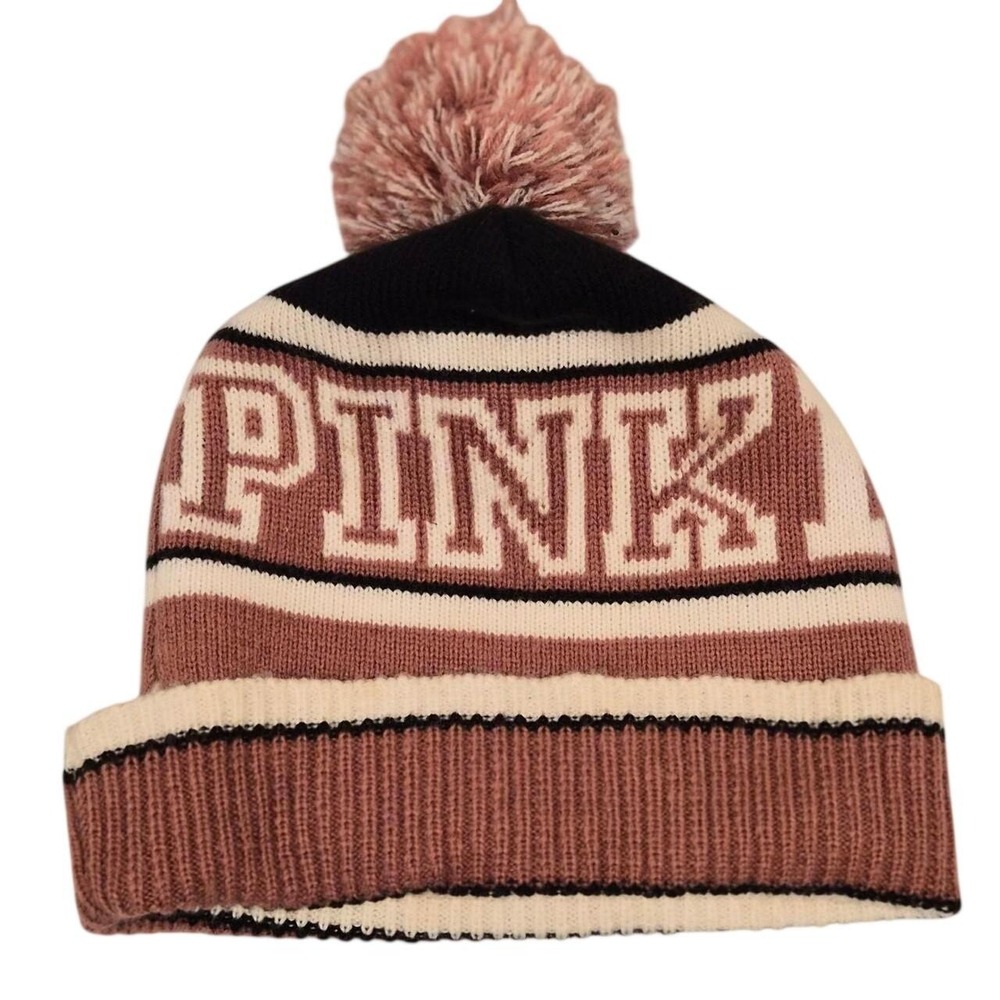 Victorias Secret PINK Beanie Hat Pom Pom Knit Cuffed Mauve Black Cream OSFM